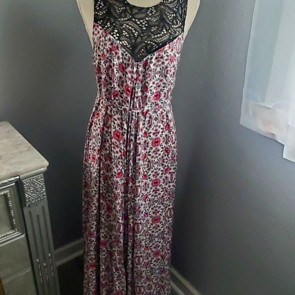 boho long maxi dress black pink white lace trim
